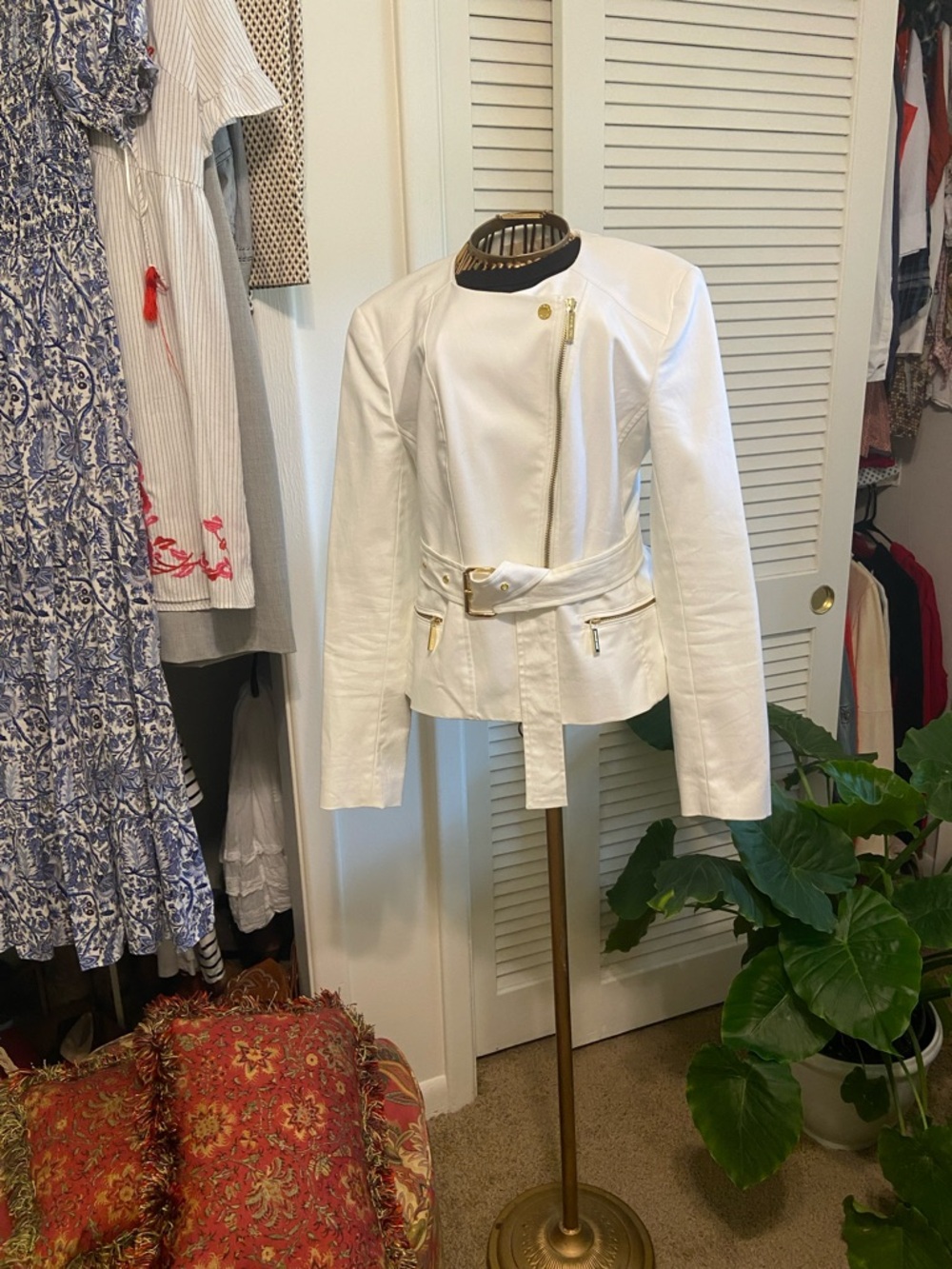 Michael Kors White Asymmetrical Zip Belted Leather Jacket